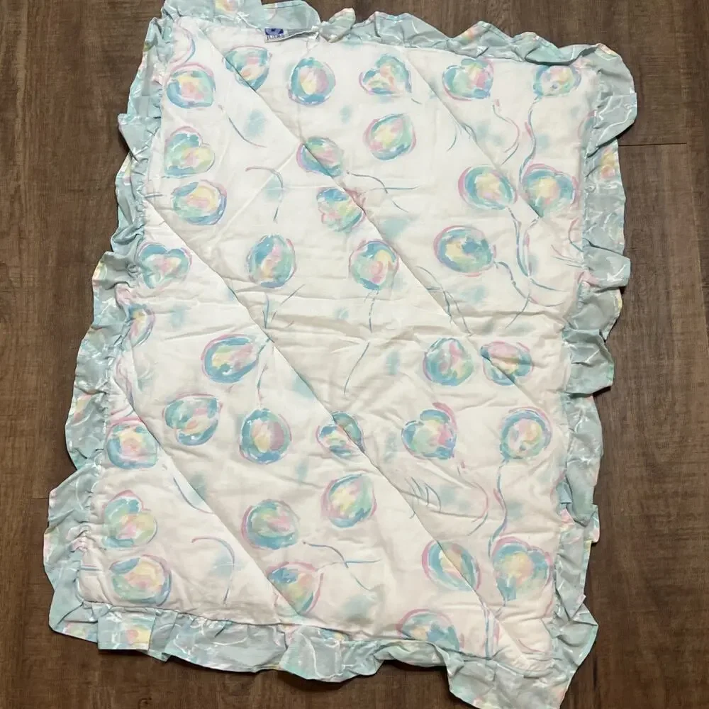 Judi’s Vintage Baby Girl Quilt Blanket Ruffles Balloons 80s 90s Cottagecore USA
